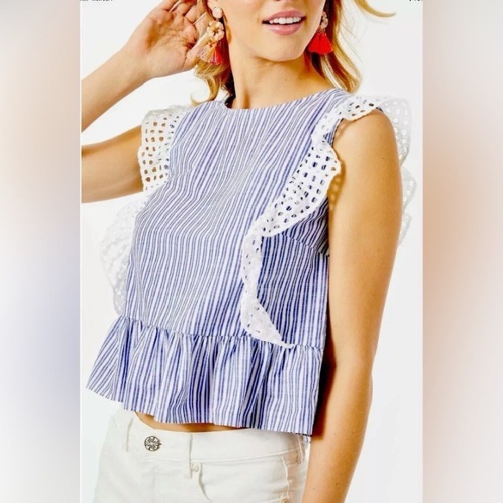 Lilly Pulitzer Blue Stripe Ellis Peplum Eyelet Ruffle Sleeveless Tank Top Blouse